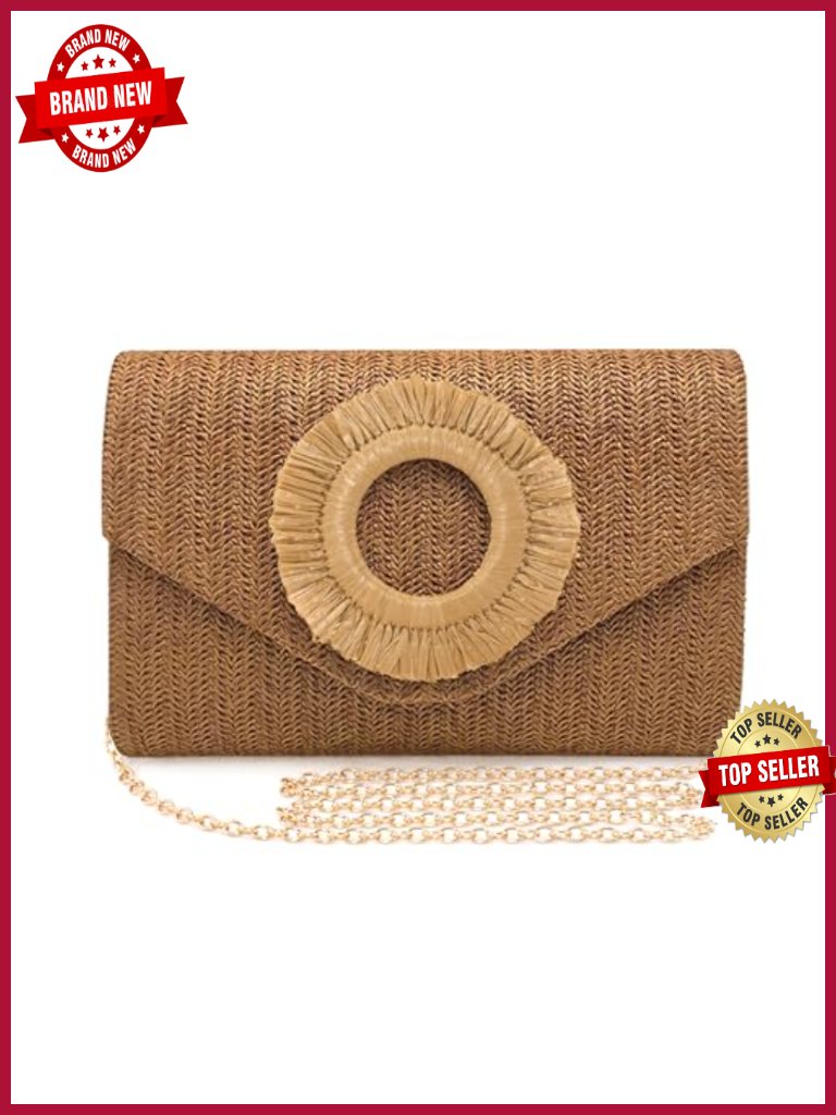 Woven Straw Clutch - Crossbody Shoulder Bag Detachable Chain